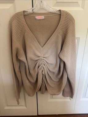 Ruched V-Neck Sweater in Beige